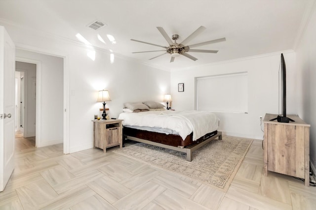 bedroom with ceiling fan and ornamental molding