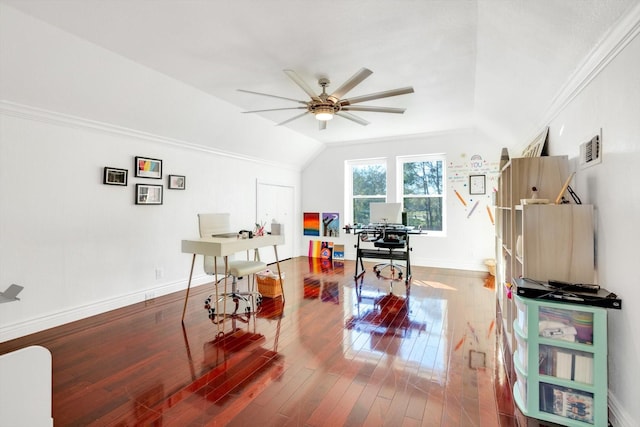 home office featuring hardwood / wood-style floors, crown molding, ceiling fan, and lofted ceiling