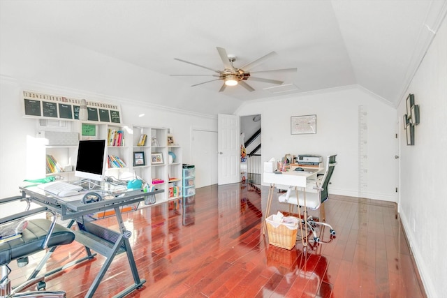 office with ceiling fan, wood-type flooring, vaulted ceiling, and ornamental molding