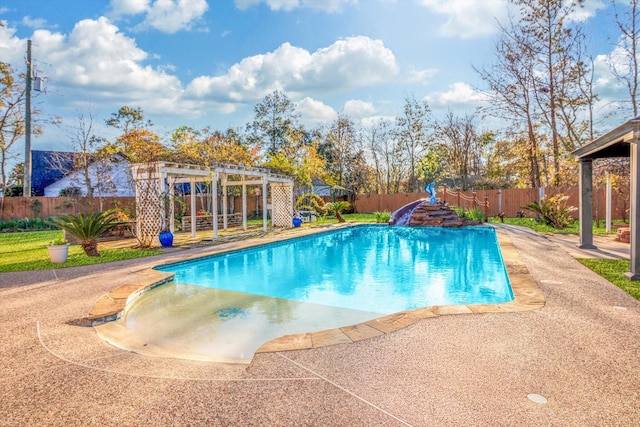 view of pool featuring a pergola and a water slide