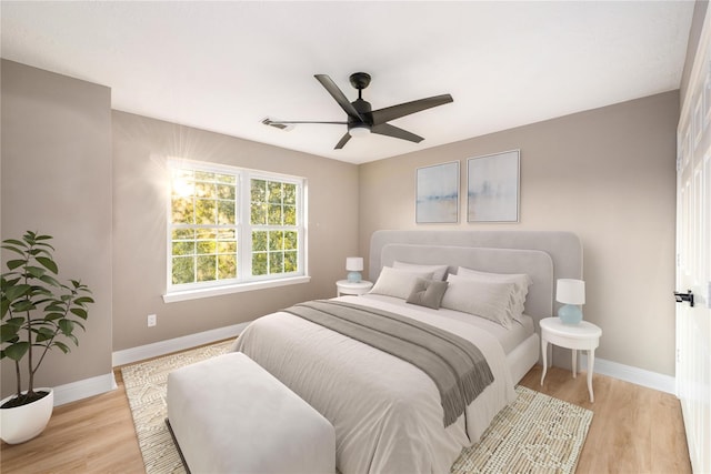 bedroom featuring ceiling fan and light hardwood / wood-style floors