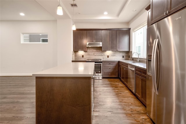 kitchen featuring stainless steel appliances, sink, dark hardwood / wood-style floors, a kitchen island, and pendant lighting