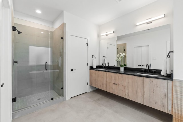 bathroom featuring vanity and a shower with shower door