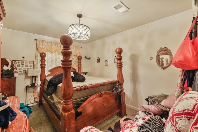 bedroom featuring dark colored carpet and ornamental molding