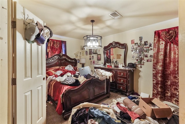 bedroom featuring a chandelier, light colored carpet, and ornamental molding