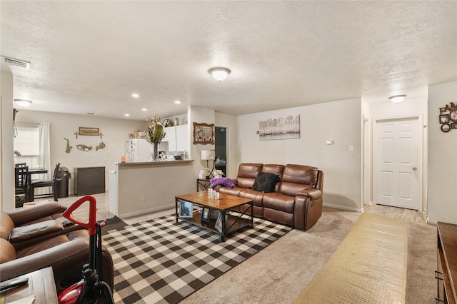 living room with a textured ceiling and light carpet