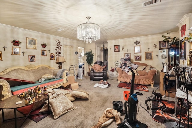 interior space with carpet floors and a chandelier