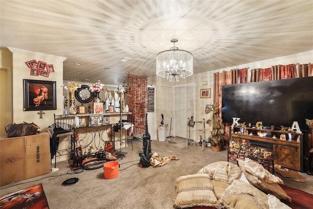 living room featuring light colored carpet and a chandelier