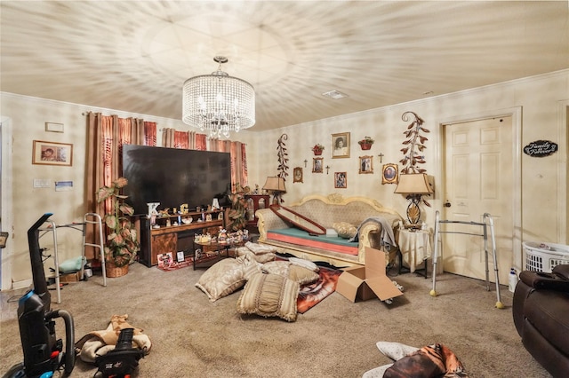 carpeted living room with crown molding and a chandelier