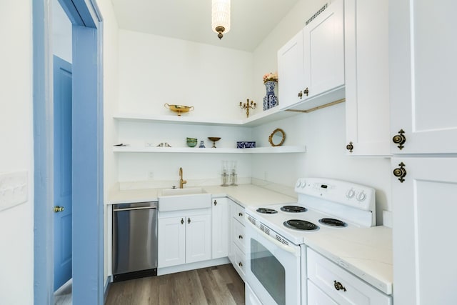 kitchen featuring sink, stainless steel dishwasher, white electric range oven, light stone counters, and white cabinetry