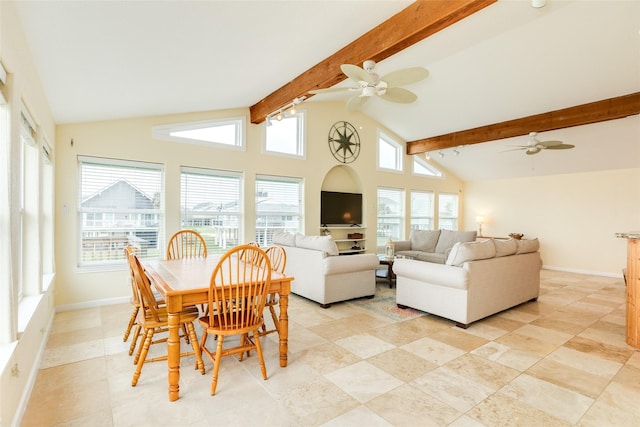 dining space with high vaulted ceiling, a ceiling fan, baseboards, and beamed ceiling