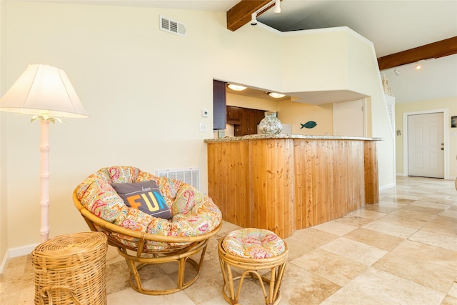 living area featuring high vaulted ceiling, beam ceiling, visible vents, and baseboards