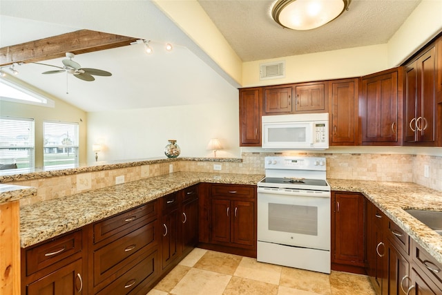 kitchen featuring vaulted ceiling with beams, light stone counters, white appliances, visible vents, and decorative backsplash