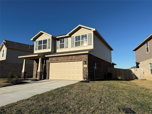 view of front of property with central air condition unit, a front lawn, and a garage