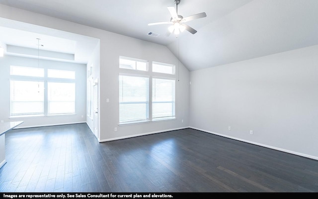 unfurnished living room featuring ceiling fan, dark hardwood / wood-style floors, and vaulted ceiling