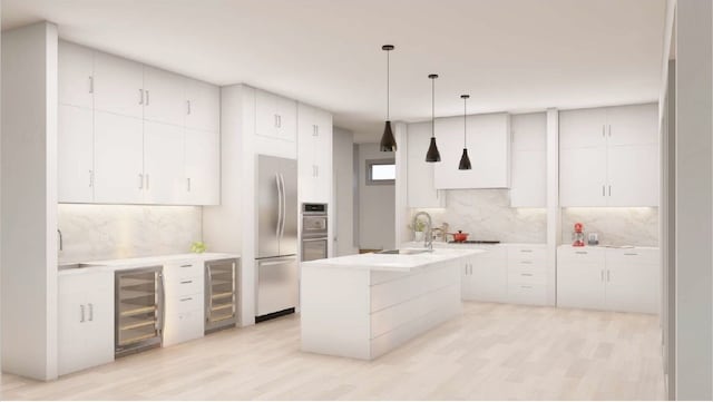 kitchen with a sink, wine cooler, backsplash, and stainless steel refrigerator