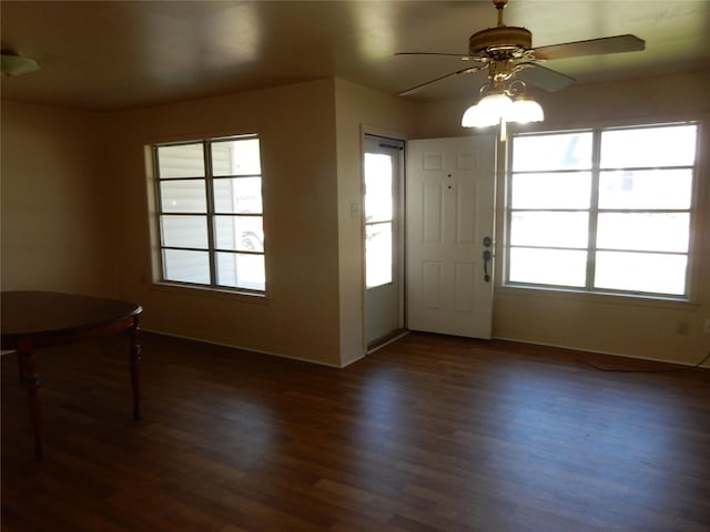 interior space featuring ceiling fan, plenty of natural light, and dark hardwood / wood-style floors