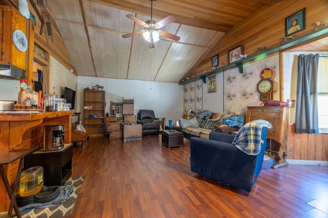 living room with wood ceiling, ceiling fan, wooden walls, dark hardwood / wood-style floors, and lofted ceiling