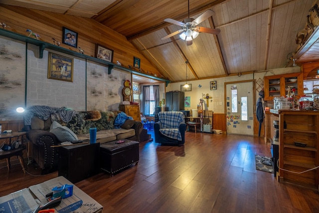 living room with ceiling fan, dark wood-type flooring, wooden ceiling, lofted ceiling, and wood walls