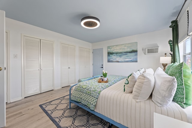 bedroom featuring two closets and light wood-type flooring