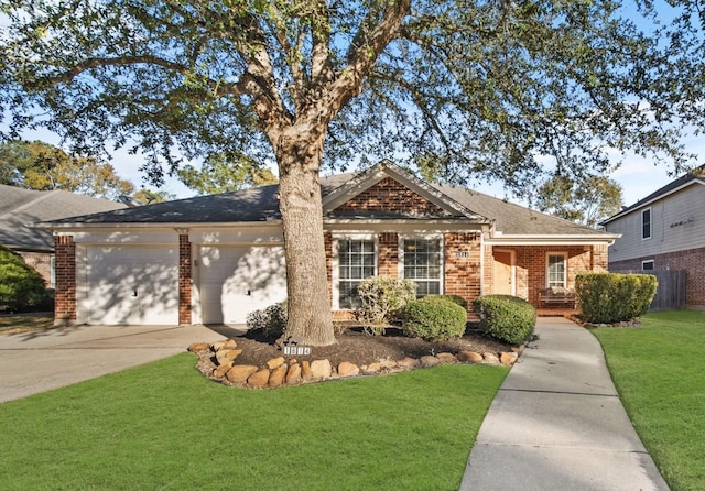 ranch-style house with a garage and a front lawn