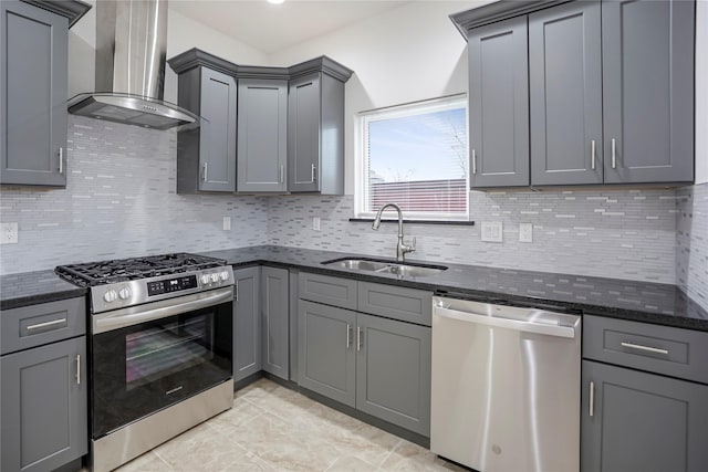 kitchen featuring dark stone counters, gray cabinetry, stainless steel appliances, sink, and wall chimney range hood