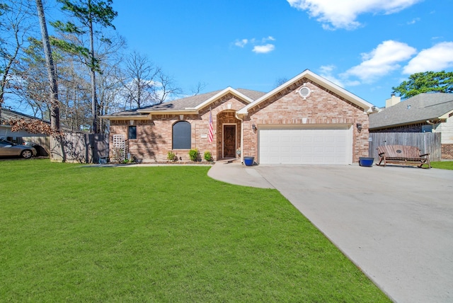 ranch-style house with a garage and a front lawn