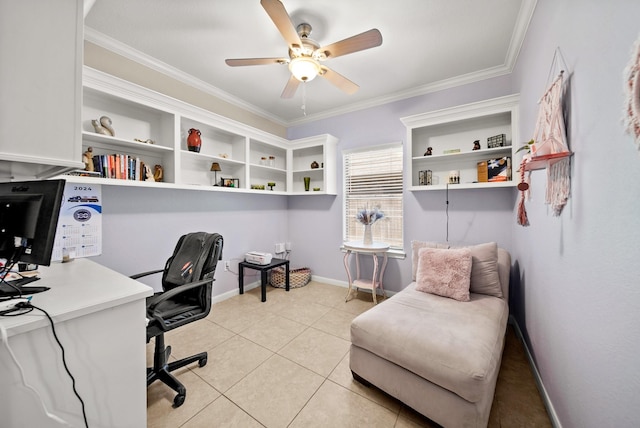 home office with ceiling fan, ornamental molding, and light tile patterned floors