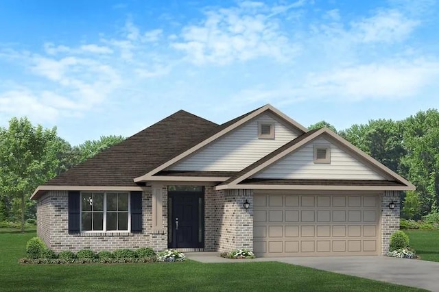 view of front facade featuring concrete driveway, an attached garage, brick siding, and a front lawn