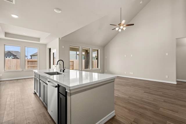 kitchen featuring dark hardwood / wood-style flooring, stainless steel dishwasher, ceiling fan, a kitchen island with sink, and sink