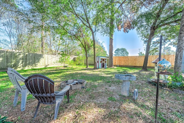 view of yard featuring a fire pit and a storage unit