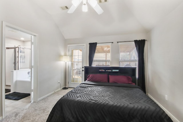 carpeted bedroom with vaulted ceiling and ceiling fan