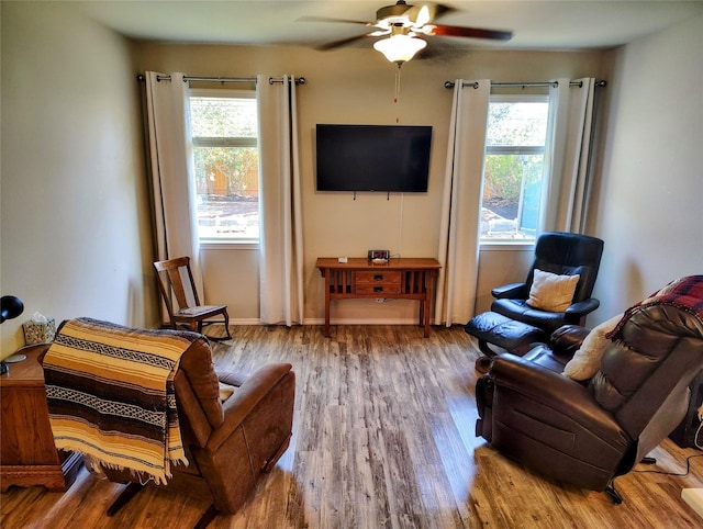 living room with hardwood / wood-style flooring, ceiling fan, and a wealth of natural light