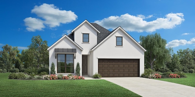 modern inspired farmhouse featuring a front lawn and a garage