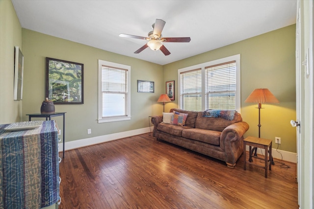 living room with ceiling fan and wood-type flooring