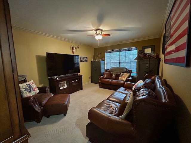 living room with ceiling fan, light colored carpet, and ornamental molding