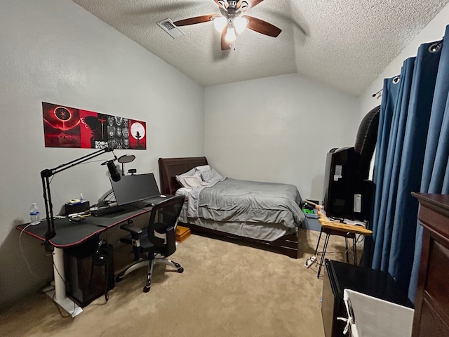 bedroom with carpet, a textured ceiling, ceiling fan, and lofted ceiling