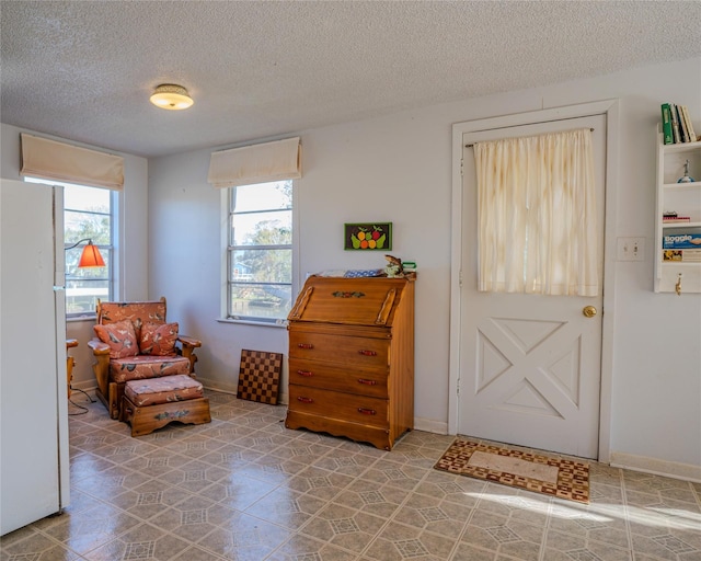 living area with a textured ceiling