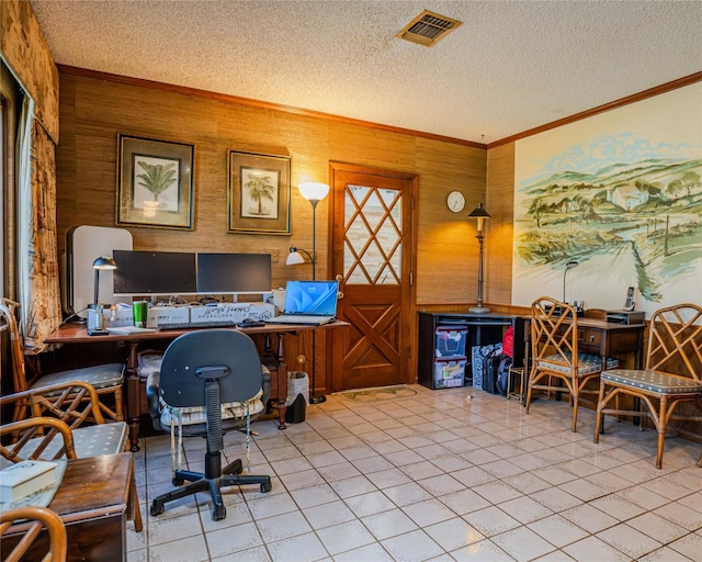 tiled office with wooden walls and a textured ceiling