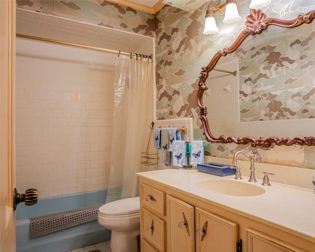 full bathroom with vanity, toilet, and shower / bathtub combination with curtain