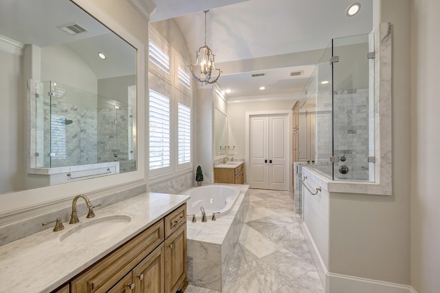 bathroom featuring a notable chandelier, vaulted ceiling, vanity, independent shower and bath, and ornamental molding