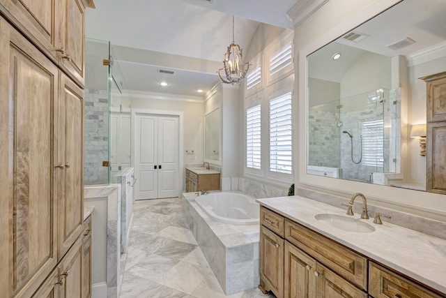 bathroom with ornamental molding, vanity, independent shower and bath, and a notable chandelier