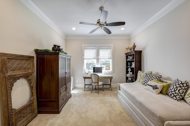 carpeted office with ceiling fan and crown molding