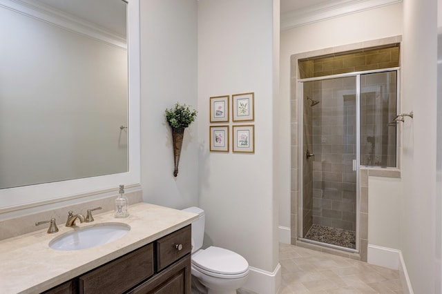 bathroom with vanity, toilet, an enclosed shower, and crown molding