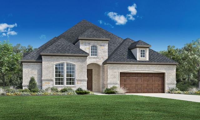 view of front of property featuring a garage and a front lawn