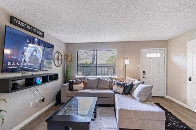 living room featuring a textured ceiling and hardwood / wood-style flooring