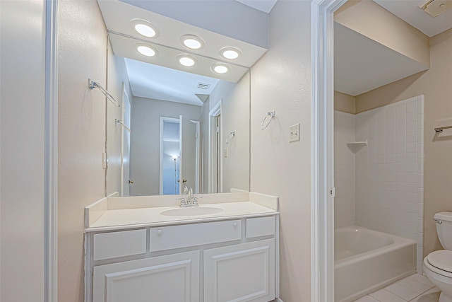 full bathroom with tile patterned flooring, vanity, toilet, and tub / shower combination