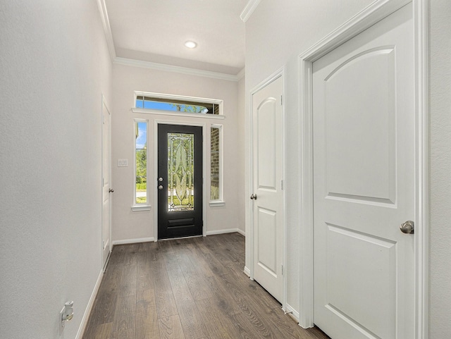 entrance foyer featuring dark hardwood / wood-style flooring and crown molding