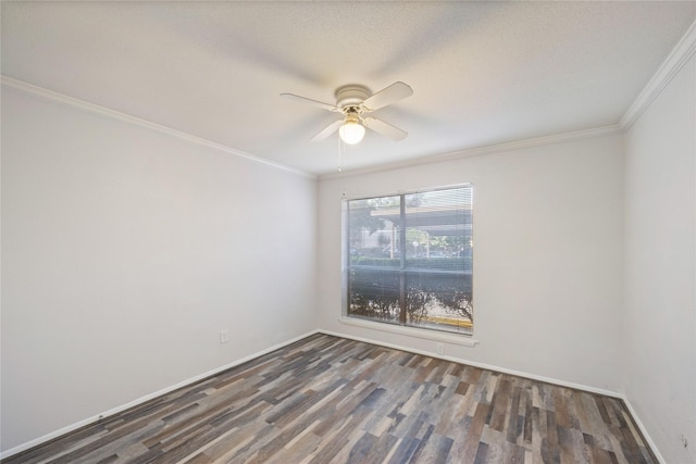 unfurnished room featuring a textured ceiling, ceiling fan, dark hardwood / wood-style flooring, and crown molding