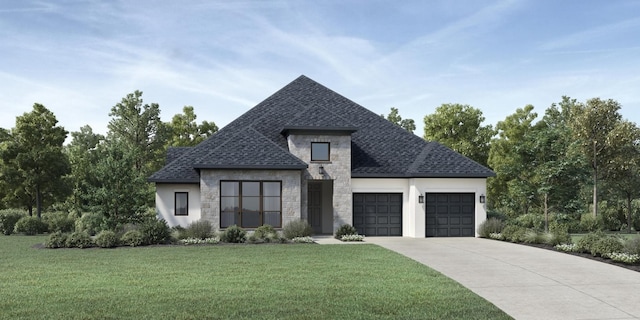 view of front facade with a front yard and a garage